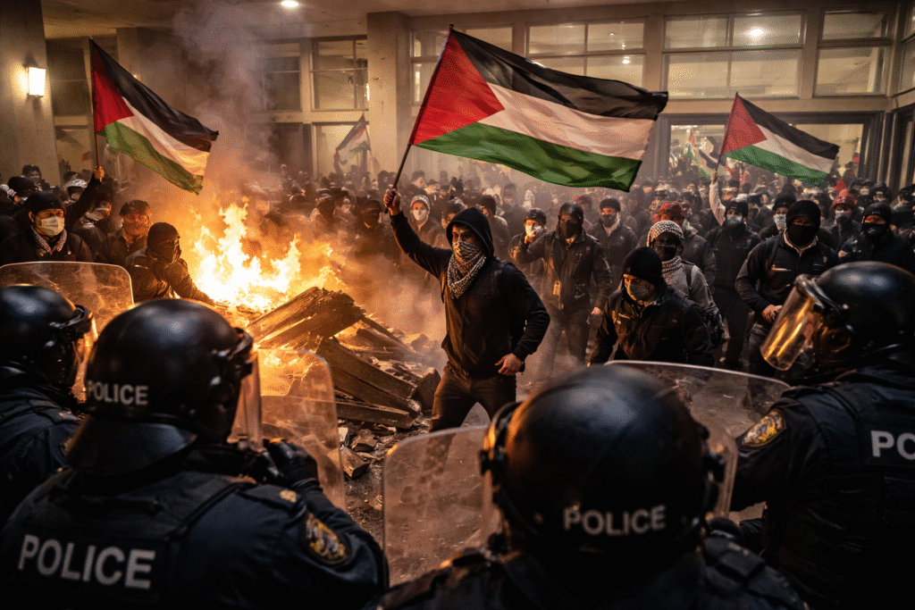 Protesters waving Palestinian flags during a nighttime campus demonstration as police in riot gear face the crowd and a fire burns nearby.