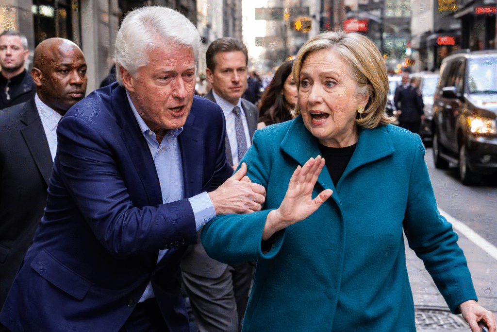 Bill Clinton and Hillary Clinton walking on a New York City street with security personnel as Hillary raises her hand while speaking to him.