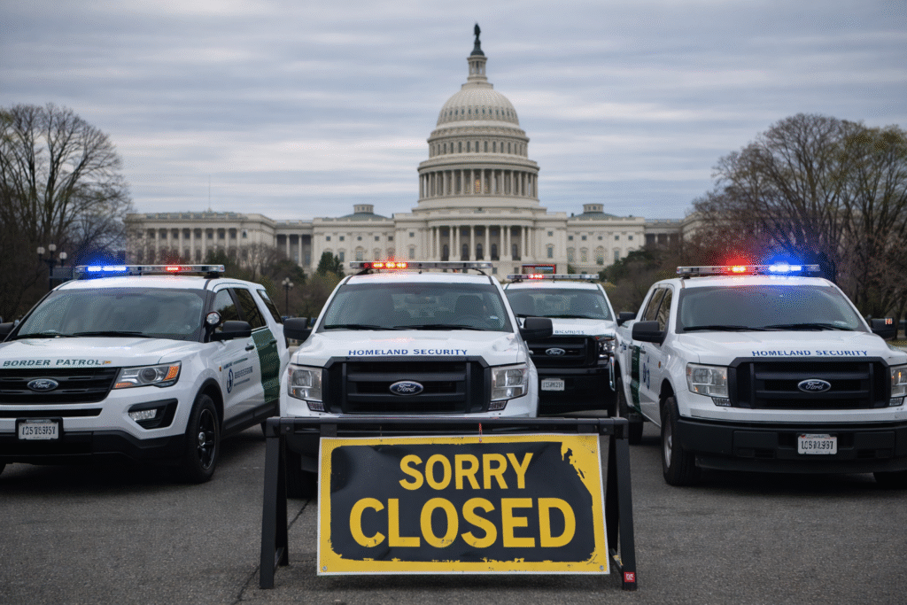 U.S. Capitol in background with Homeland Security vehicles parked in front and a “closed” sign blocking access, symbolizing DHS shutdown and halted operations