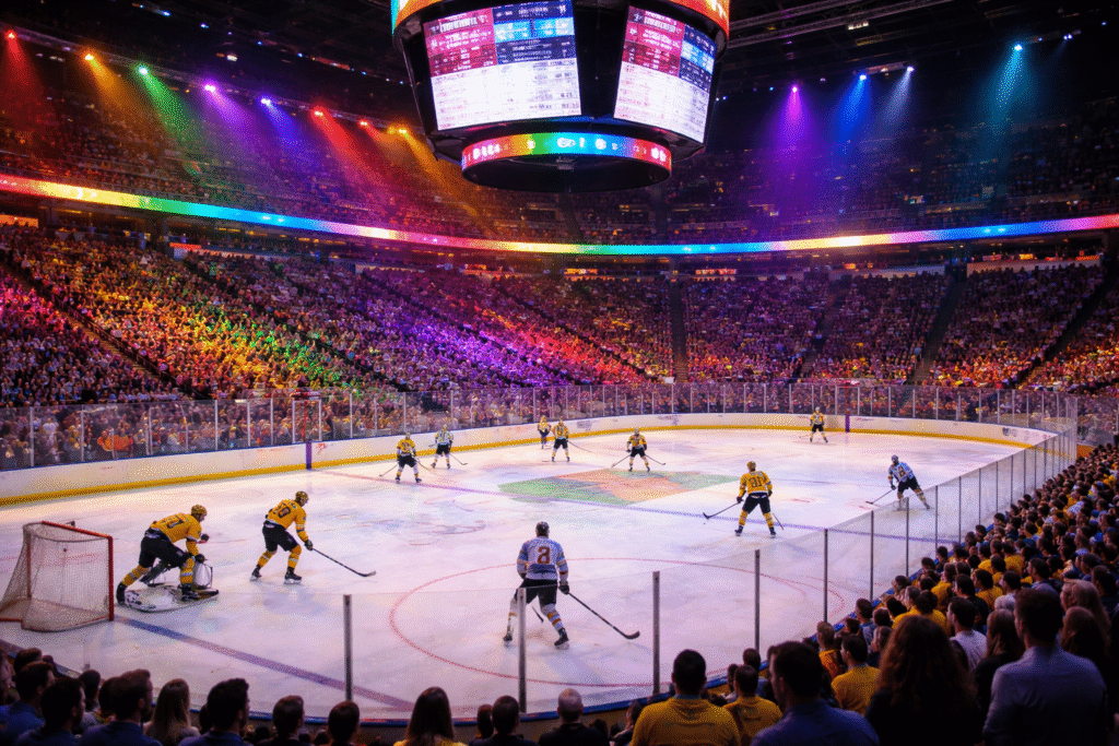 Ice hockey game in a packed arena with colorful lighting effects illuminating the crowd while players compete on the ice