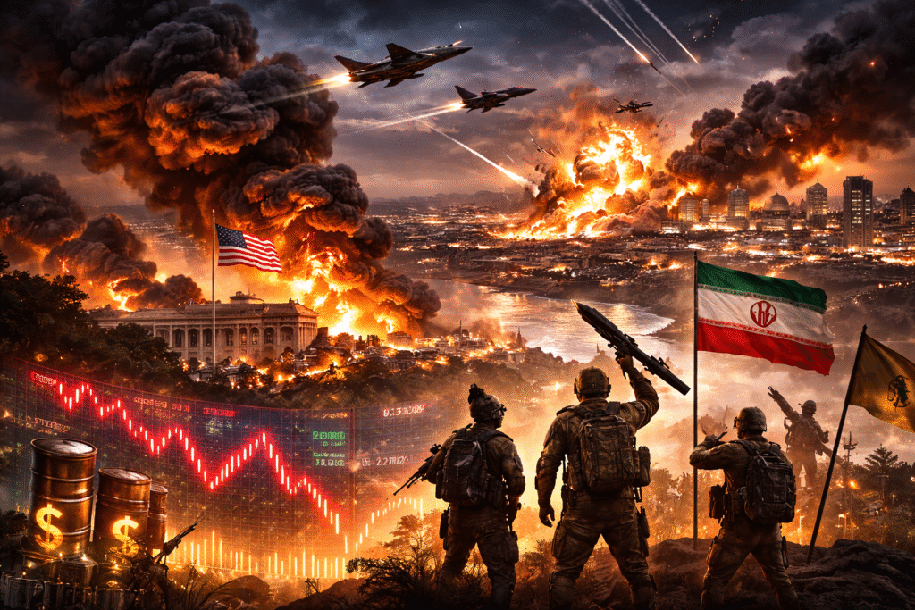 Missile strikes and large explosions over a coastal Middle Eastern city as fighter jets fly overhead, with armed militants standing on a hilltop and national flags visible amid smoke and fire.