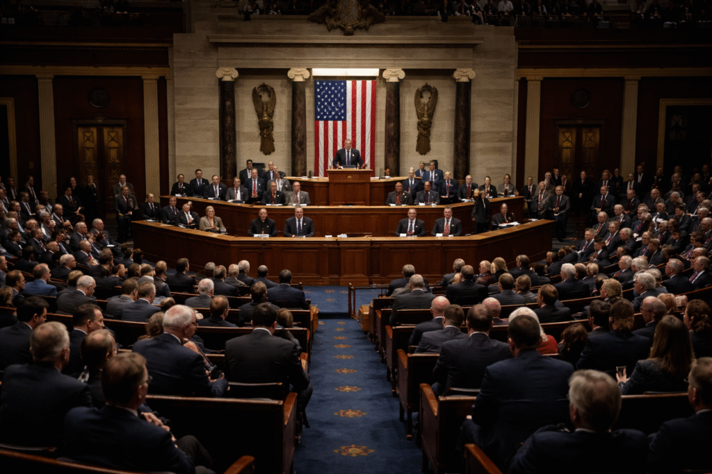U.S. House chamber during a late-night session, lawmakers seated across the floor with a speaker at the podium and an American flag displayed behind, conveying a tense legislative atmosphere.