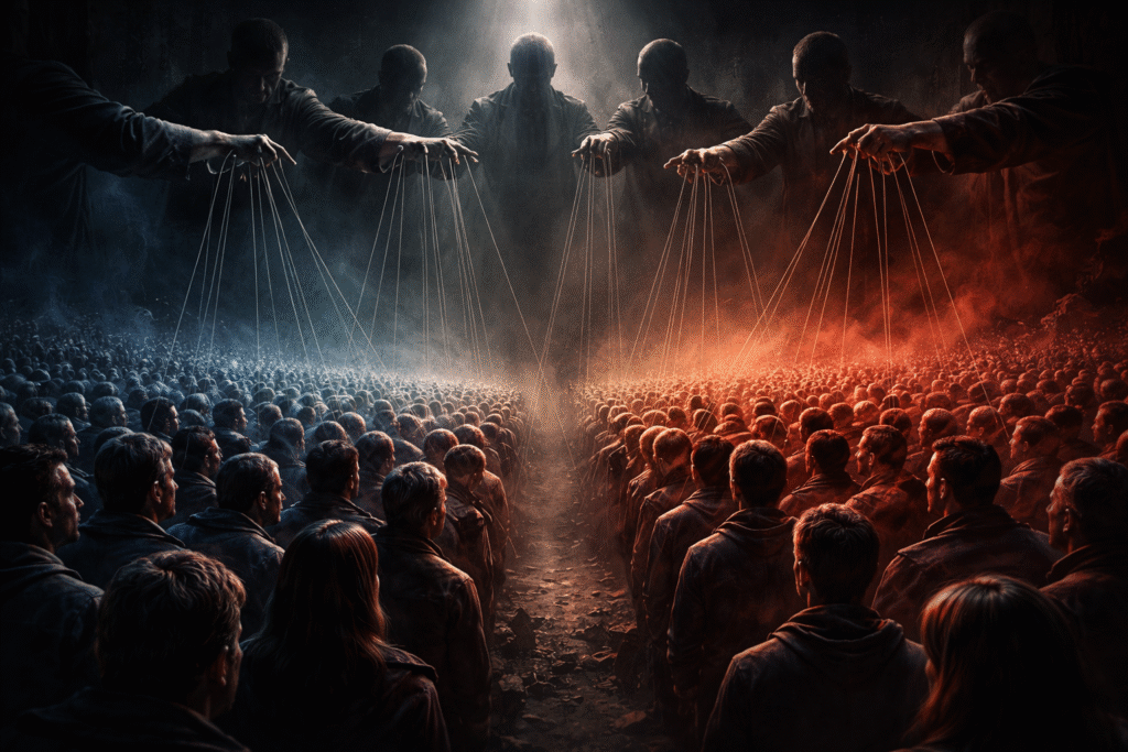 Divided crowd facing each other under dramatic lighting while shadowy figures above control them with puppet strings, symbolizing manipulation and societal division