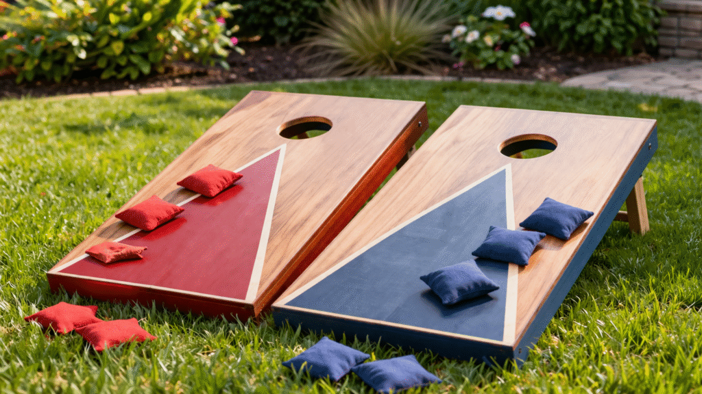 Two wooden cornhole boards set on grass with red and blue bean bags arranged on and around the boards in a backyard setting