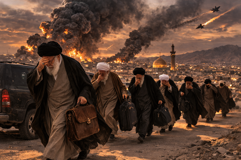 Iranian clerics carrying bags walk away from a city skyline with large explosions and smoke rising behind them as military aircraft fly overhead during wartime.