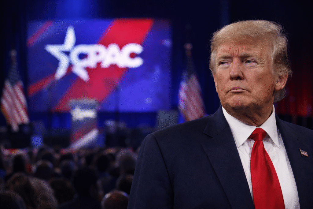 Close-up of President Donald Trump in a suit and red tie, standing before a blurred CPAC stage backdrop with American flags and a large conference logo in the background