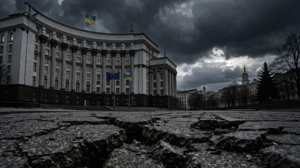 Government building in Kyiv under dark storm clouds with cracked pavement in the foreground, symbolizing economic instability and crisis
