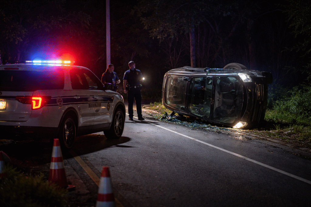 Overturned SUV on a dark roadside with police vehicles and flashing lights, officers inspecting the crash scene while traffic cones mark the area.