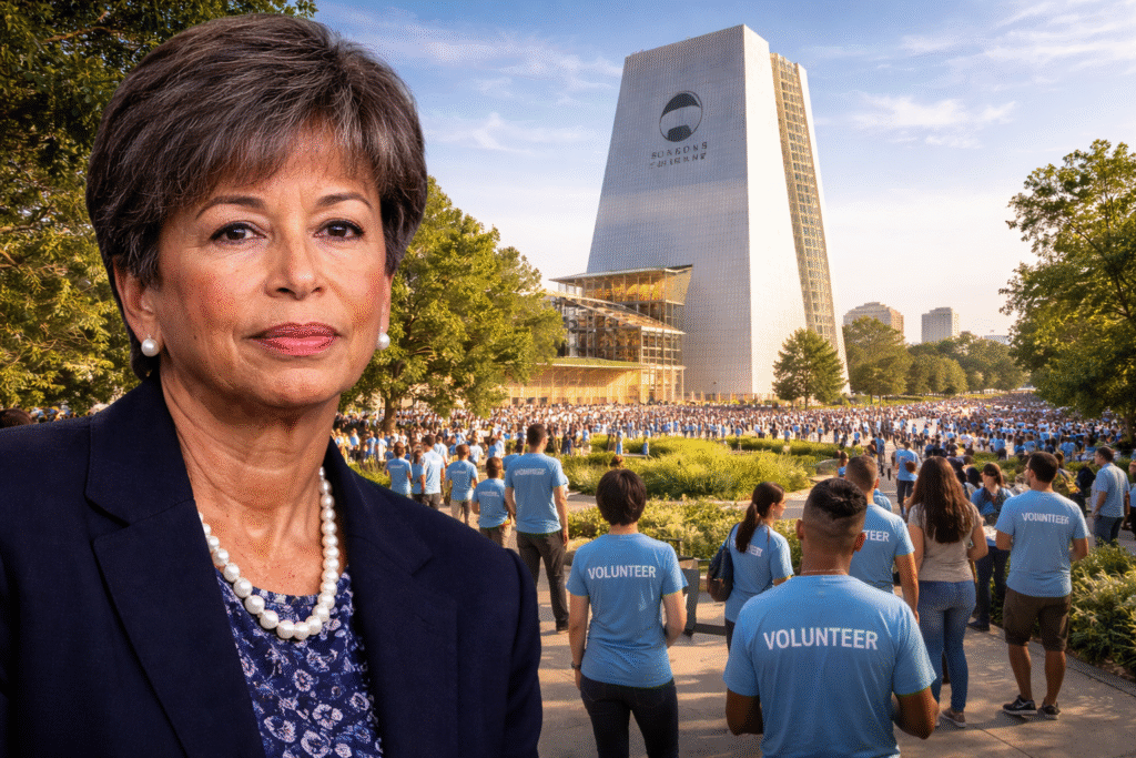 Valerie Jarrett in the foreground with the Obama Presidential Center in Chicago and a large crowd gathered on the campus grounds.