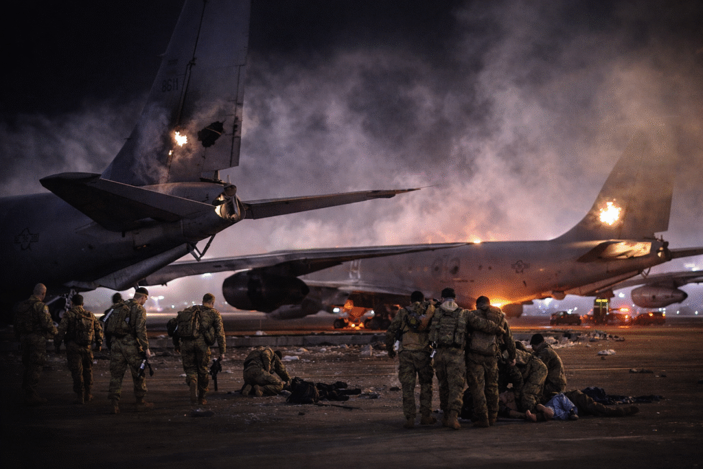 Damaged military refueling aircraft on a runway at night with visible fire and smoke, as US troops respond to injuries and assess the scene