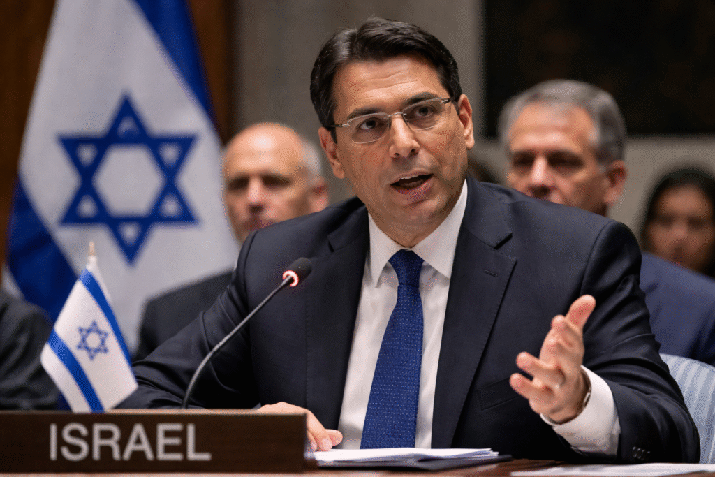 Man in a suit speaking at a United Nations meeting with an Israeli flag visible behind him, seated at a desk with a microphone and documents, addressing an audience in a formal setting.