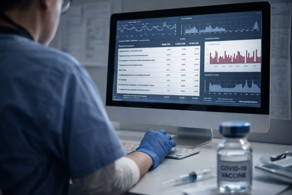 Healthcare worker in gloves reviewing vaccine data charts on a computer screen with a COVID-19 vaccine vial and syringe on a desk in a clinical setting.
