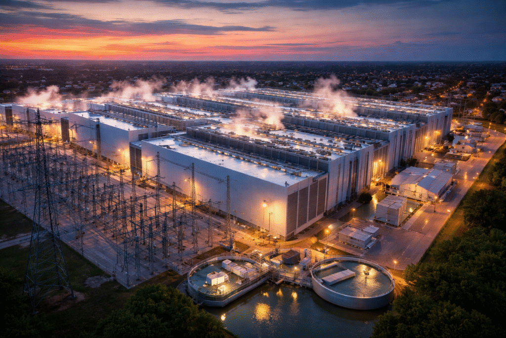 Large hyperscale data center campus with cooling systems, electrical substations, and transmission lines supplying power to the facility at sunset.