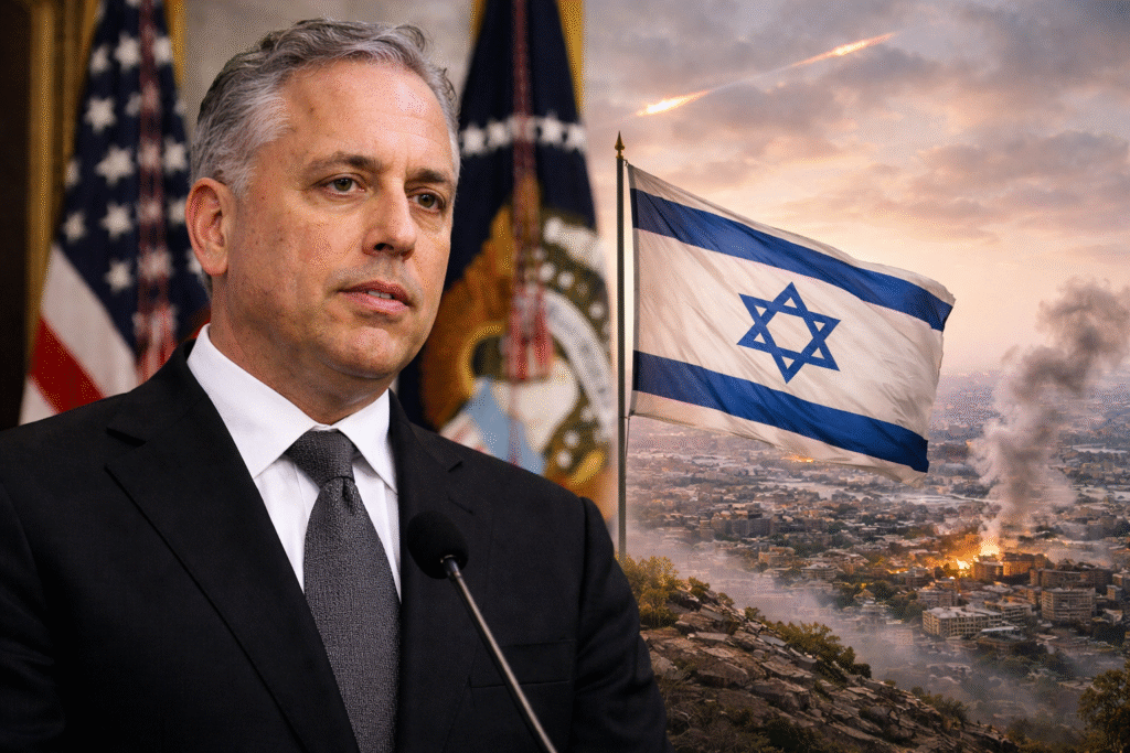 David Sacks standing at a podium with U.S. and Israeli flags in the background beside an Israeli flag overlooking a city skyline with light smoke rising.