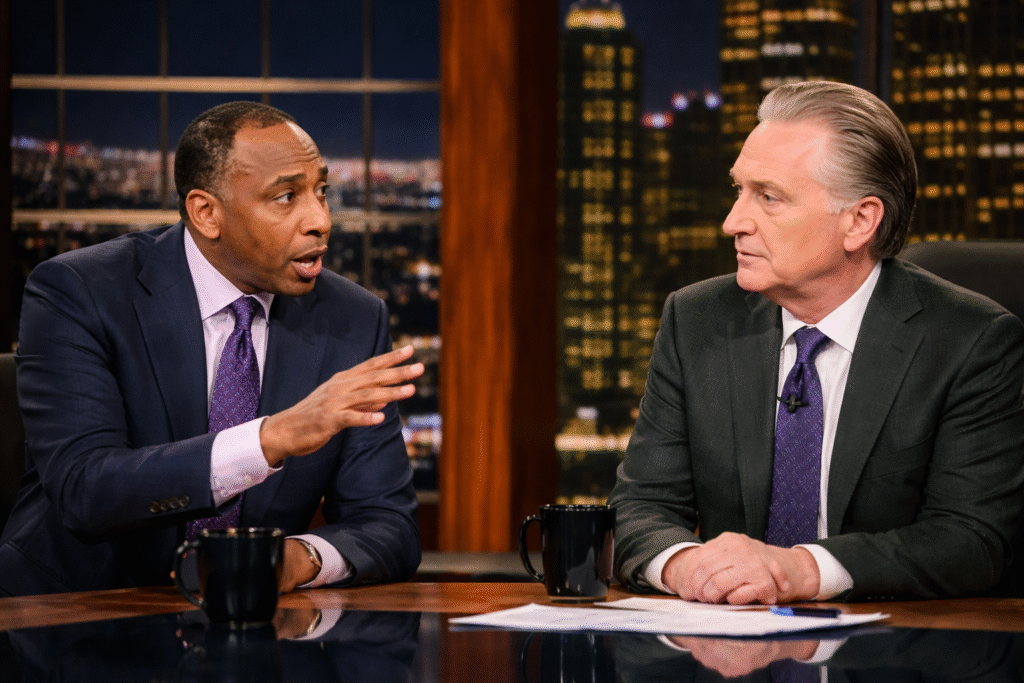 Stephen A. Smith and Bill Maher seated at a studio desk during a televised interview, engaged in a serious discussion with a nighttime city skyline backdrop.