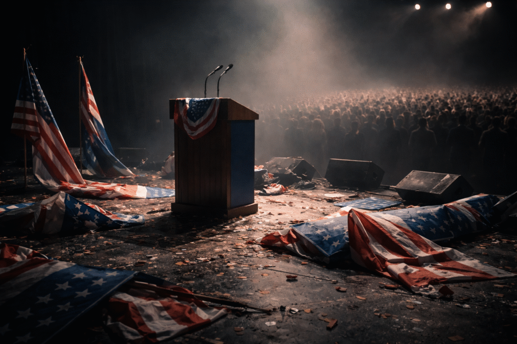 Empty political stage with a podium surrounded by fallen flags and scattered debris, with a dimly lit crowd in the background symbolizing electoral defeat