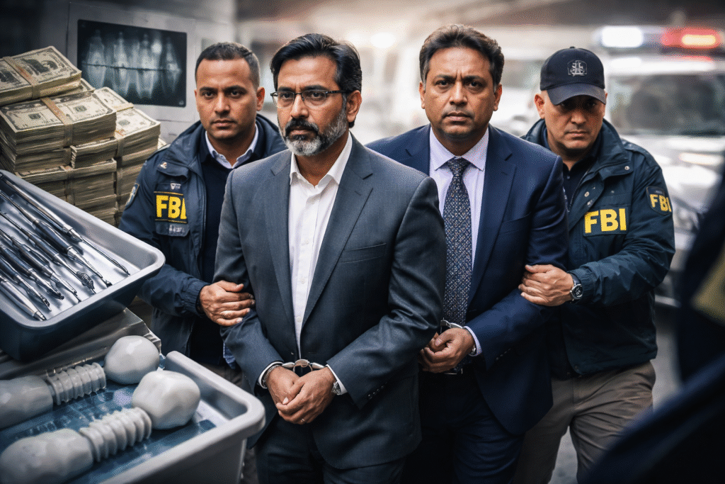 Three men in suits being escorted in handcuffs by federal agents, with dental equipment, cash, and investigative materials visible, representing a healthcare fraud and racketeering case.