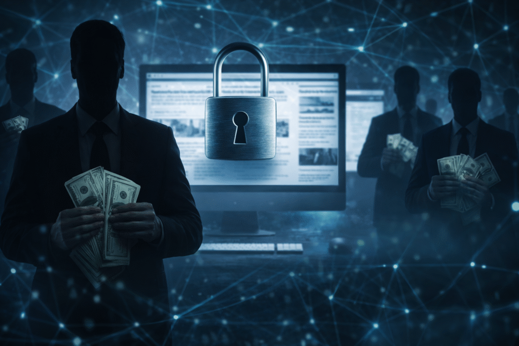 Silhouetted figures holding cash stand in front of a computer screen with a large padlock symbol, representing online censorship and financial influence over digital information networks.