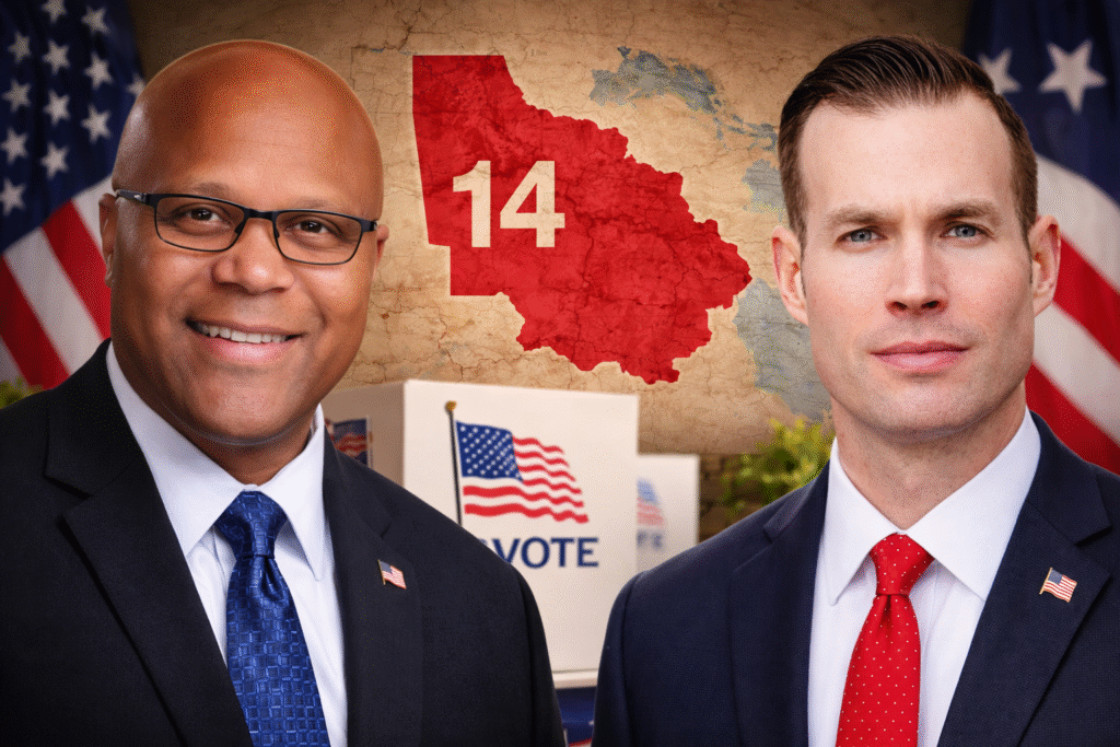 Portraits of Georgia congressional candidates Shawn Harris and Clay Fuller with a highlighted map of Georgia’s 14th district and a voting booth in the background.