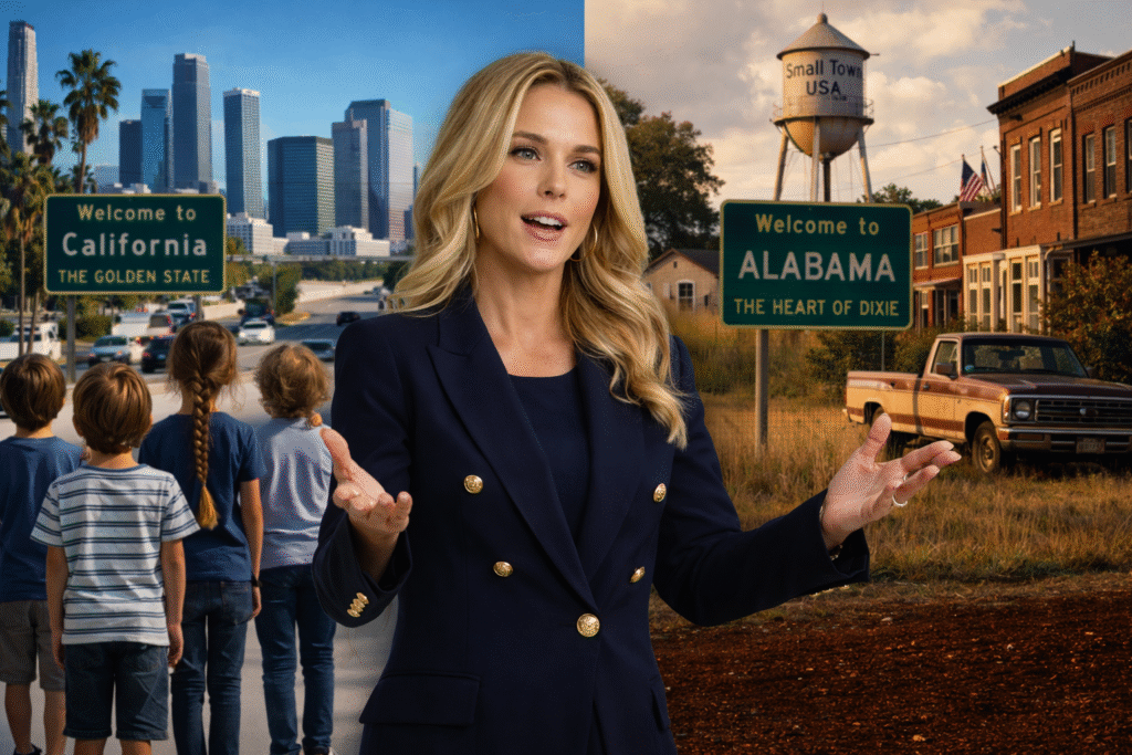 Blonde woman speaking in front of a split scene showing a California city skyline on one side and a rural Alabama town with a welcome sign and pickup truck on the other, with children standing in the background.