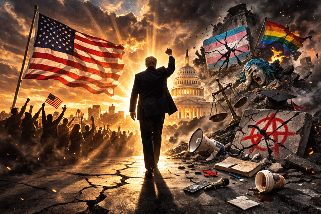 Dramatic illustration of a silhouetted man raising his fist toward the U.S. Capitol at sunset with American flags and cheering supporters on one side, contrasted with a chaotic scene of rubble, broken protest symbols, storm clouds, and distressed figures on the other side.
