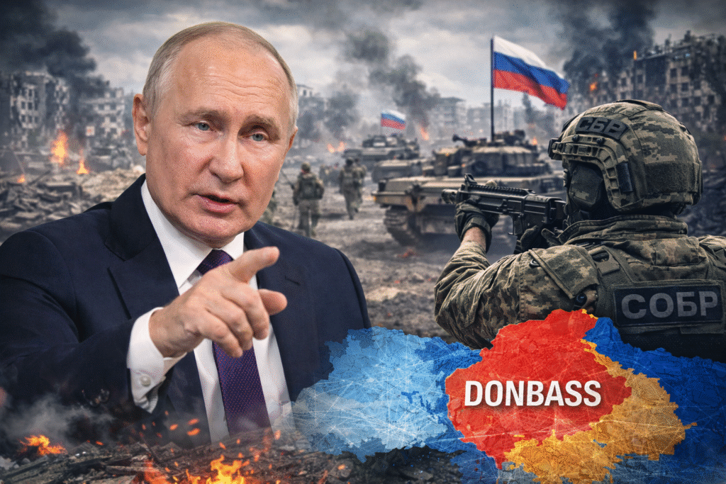 Russian President Vladimir Putin speaking with a battlefield scene in eastern Ukraine showing soldiers, armored vehicles, and smoke rising from damaged buildings.
