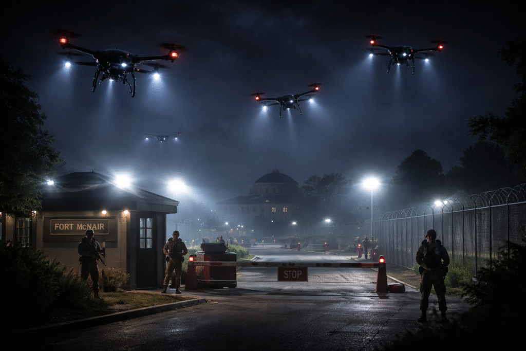 Unidentified drones hovering over a secured military base at night, with armed guards at a checkpoint, bright floodlights, and a fenced perimeter surrounding Fort McNair.