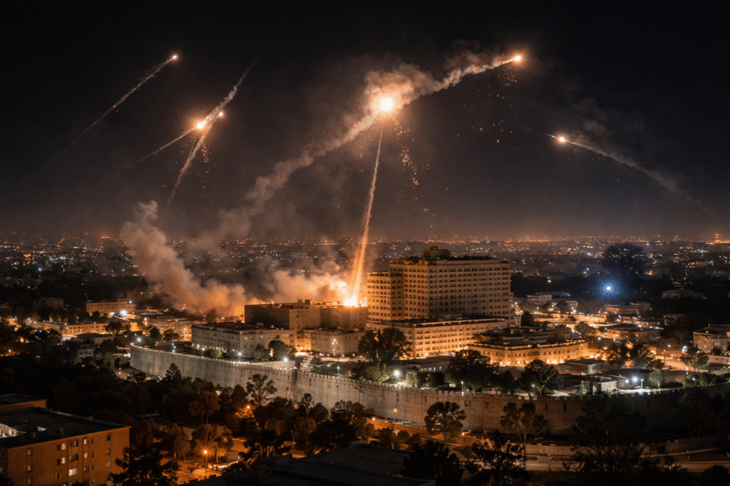 Nighttime view of Baghdad’s Green Zone with air defense interceptors streaking across the sky as explosions and smoke appear above the U.S. Embassy compound during a drone and rocket attack.