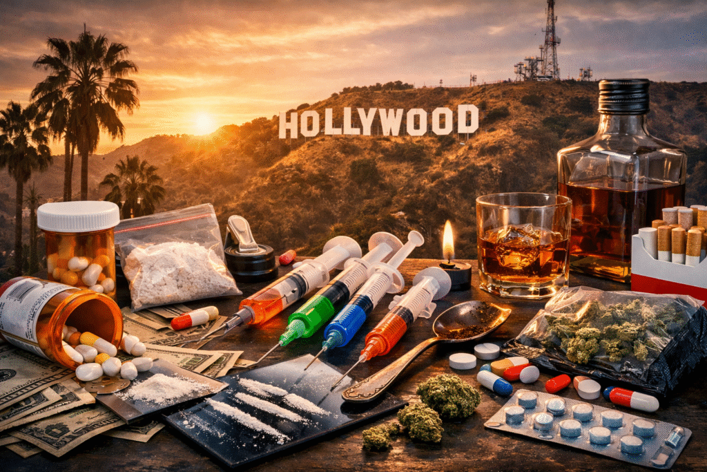 Hollywood sign on a hillside at sunset with drugs, syringes, pills, alcohol, and cash spread across a table in the foreground, symbolizing substance abuse linked to entertainment culture.