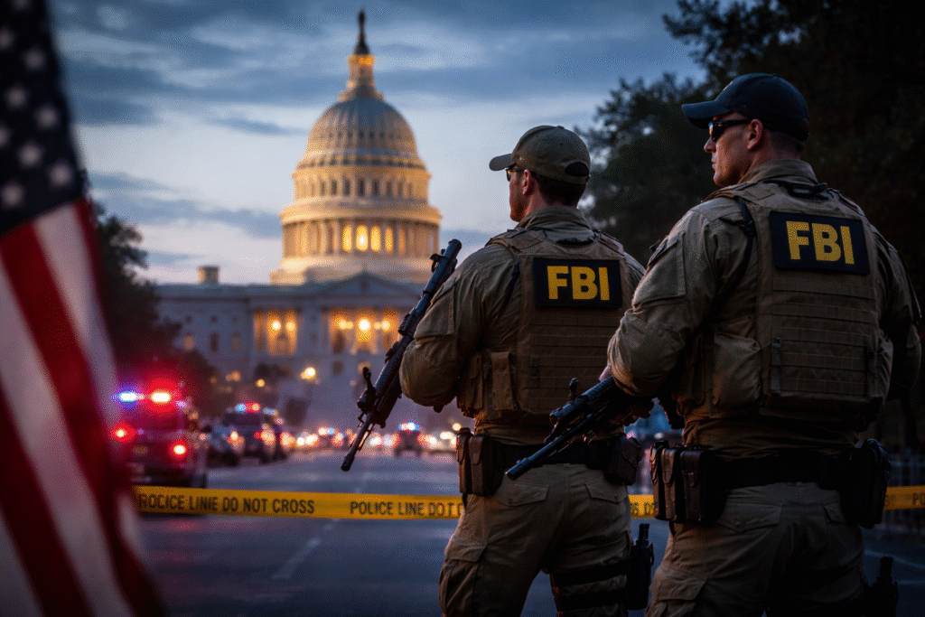Two FBI agents in tactical gear stand guard near the U.S. Capitol at dusk while police vehicles with flashing lights block the street behind security tape.