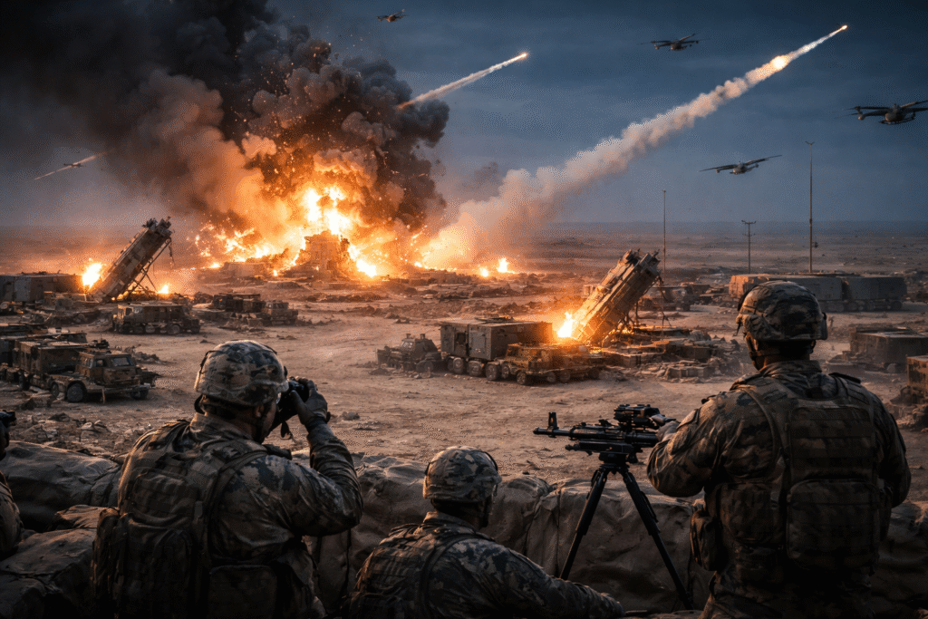 U.S. soldiers positioned behind defensive barriers watch as missiles and drones strike a military base in the Middle East, with large explosions and air defense systems firing in response.