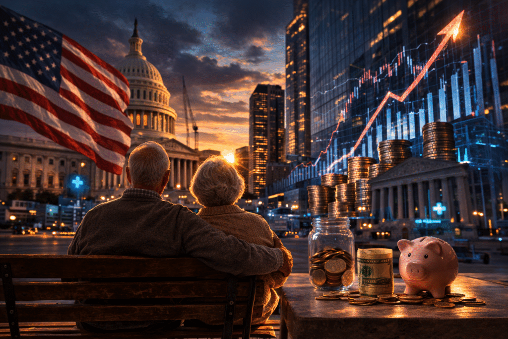 Elderly couple sitting on a bench facing the U.S. Capitol and city skyline at sunset, with stacked coins, a piggy bank, and rising stock market chart graphics in the background symbolizing economic growth and retirement wealth.