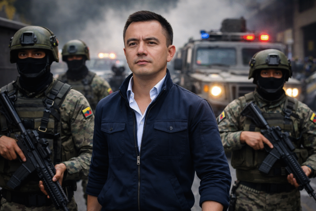Daniel Noboa standing in front of Ecuadorian soldiers and armored vehicles during a large security operation in an urban area.