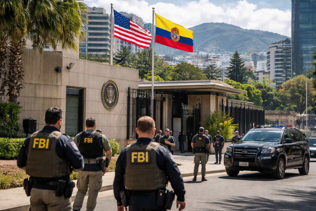 Security personnel outside the U.S. Embassy in Quito, Ecuador, with American and Ecuadorian flags flying above the embassy building.