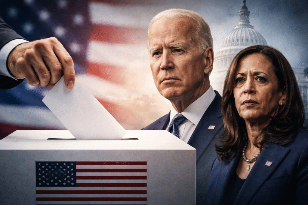 Ballot being placed into a U.S. voting box with American flag, alongside serious portraits of Joe Biden and Kamala Harris with the U.S. Capitol in the background.