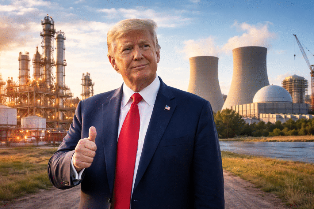 President Donald Trump standing in front of an oil refinery and nuclear power plant cooling towers, symbolizing U.S. expansion of oil refining and nuclear energy infrastructure.
