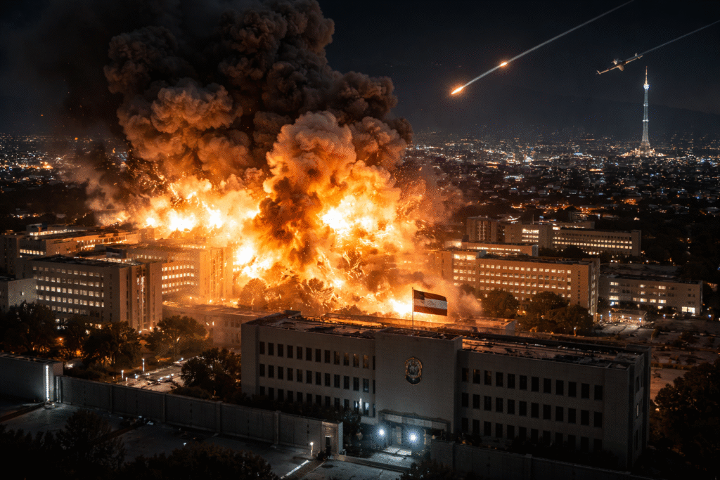 Large nighttime explosion at a military compound with fighter jets overhead and thick smoke rising above buildings during an airstrike.