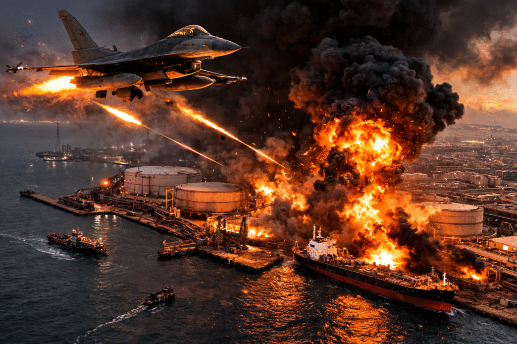 Military fighter jet launches missiles toward coastal refinery and oil storage tanks as large explosions and black smoke rise over an industrial port facility near the sea.