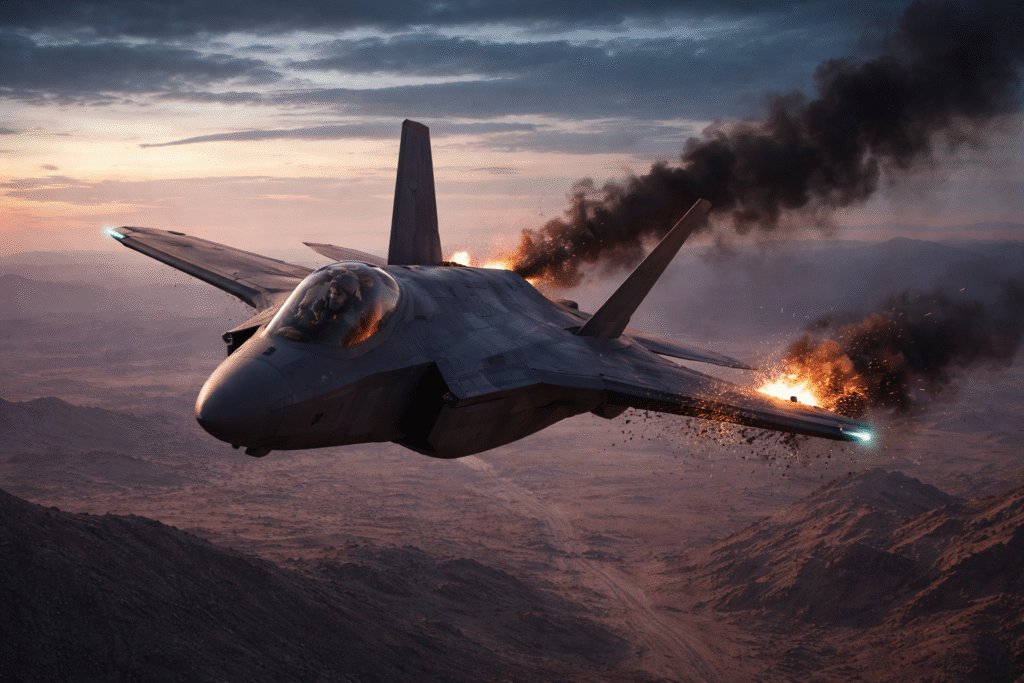 Damaged stealth fighter jet flying over a desert at dusk, with flames and smoke trailing from its wing after being struck, debris scattering mid-air against a darkening sky.