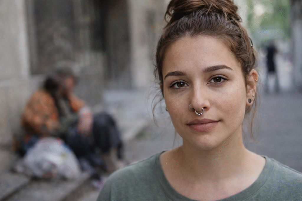 Close-up of a young woman with a septum nose ring standing in an urban street, with a blurred background showing a seated person and city surroundings