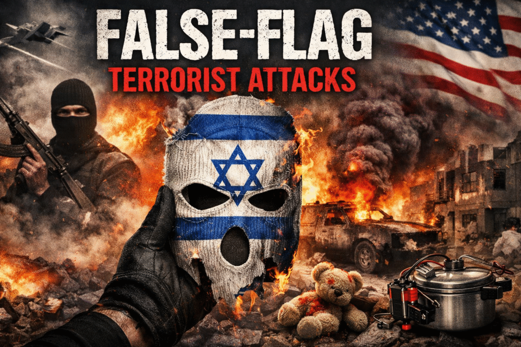 Blurry composite scene depicting a masked figure holding a stylized mask with a Star of David in front of a chaotic urban explosion, with fire, smoke, armed individuals, and debris in the background.