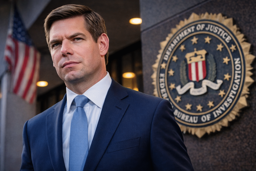 Representative Eric Swalwell standing outside FBI headquarters with a serious expression, wearing a navy suit and light blue tie, with the FBI seal and American flag in the background