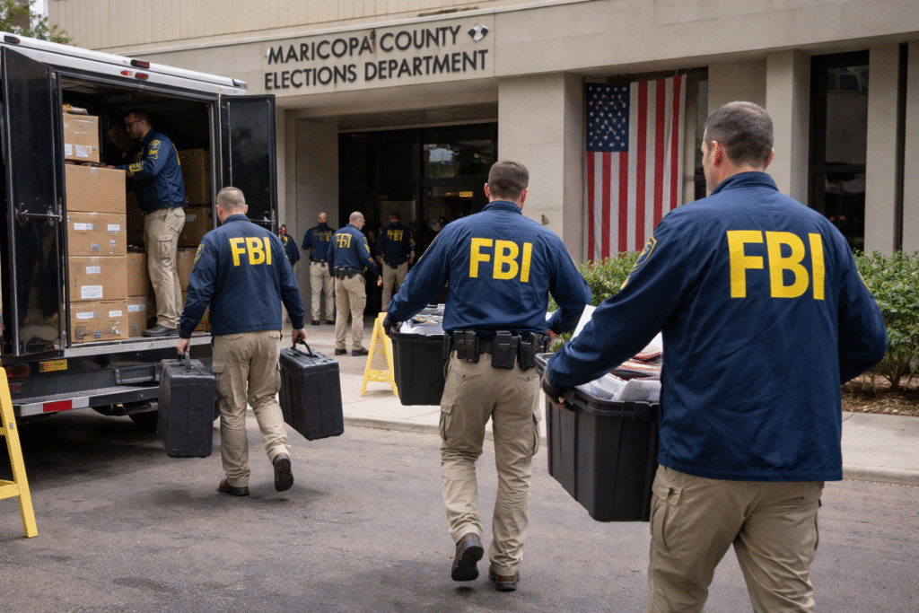 FBI agents carrying boxes and sealed containers of election records outside the Maricopa County Elections Department building during a federal investigation.