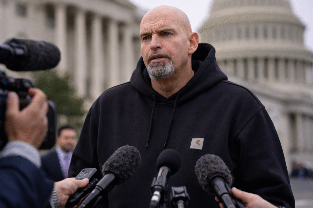 Sen. John Fetterman speaking to reporters outside the U.S. Capitol with microphones pointed toward him during a press briefing.