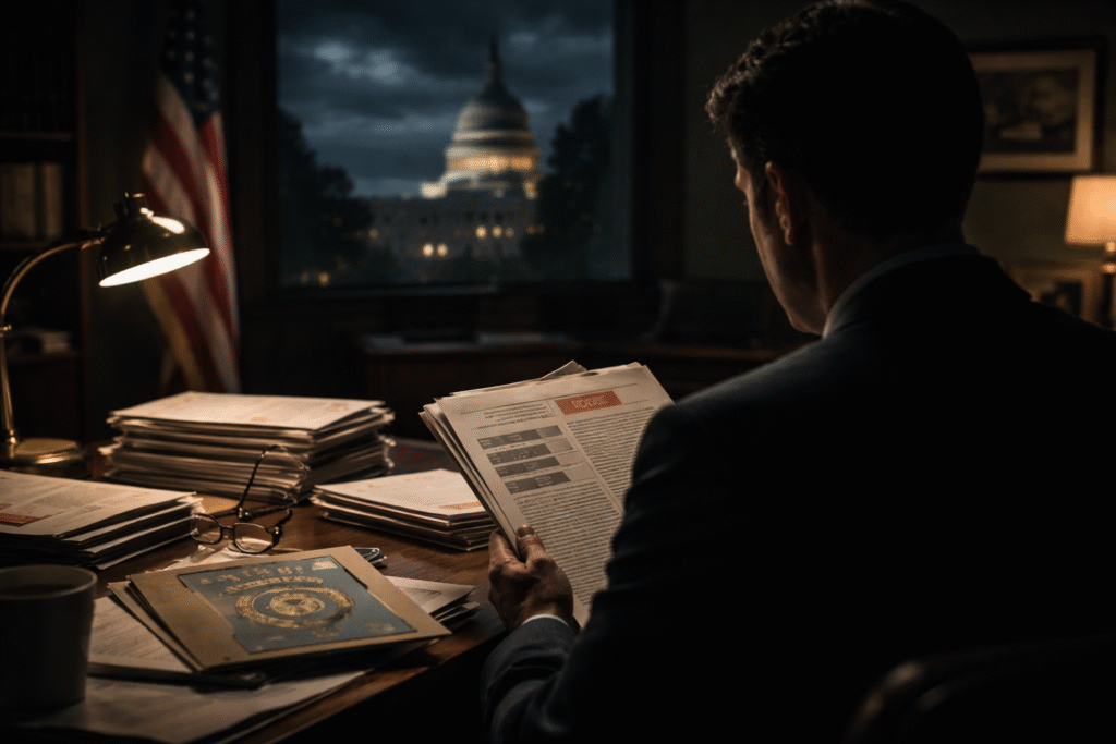 Man in a dark office reviewing classified documents at a desk, with stacks of files and the U.S. Capitol visible through a window at night.