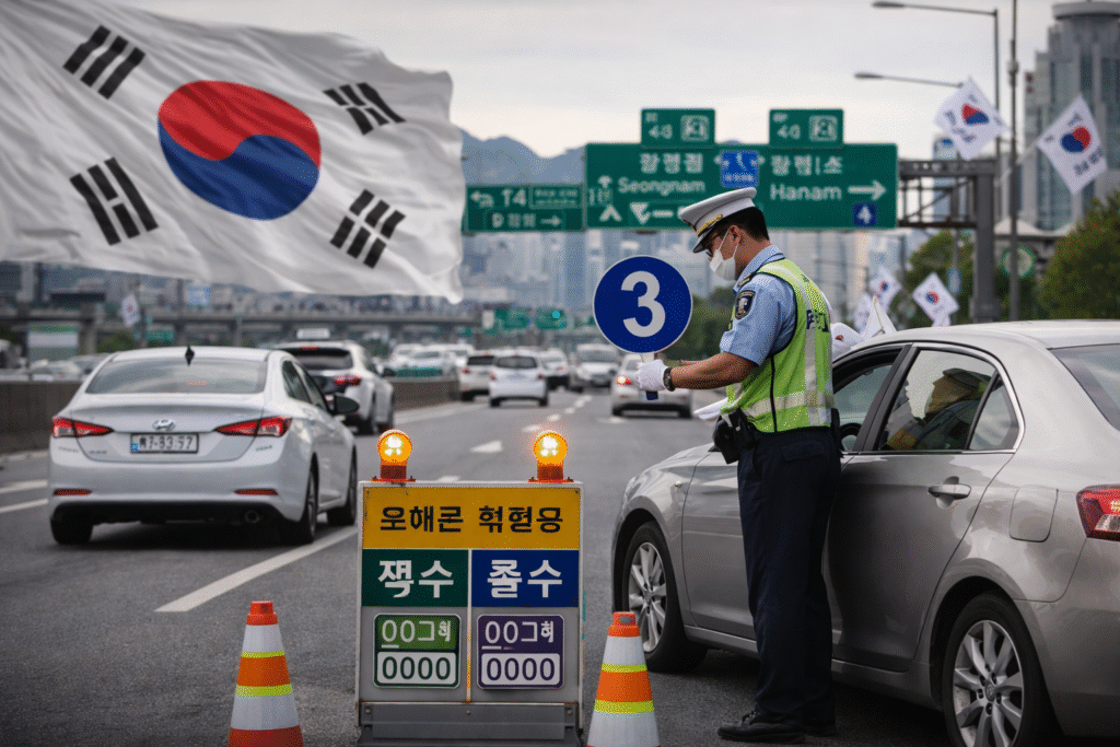 Traffic officer in South Korea holding a numbered sign while stopping a car on a busy highway, with road signs and the national flag visible, representing vehicle restrictions during an energy-saving campaign.