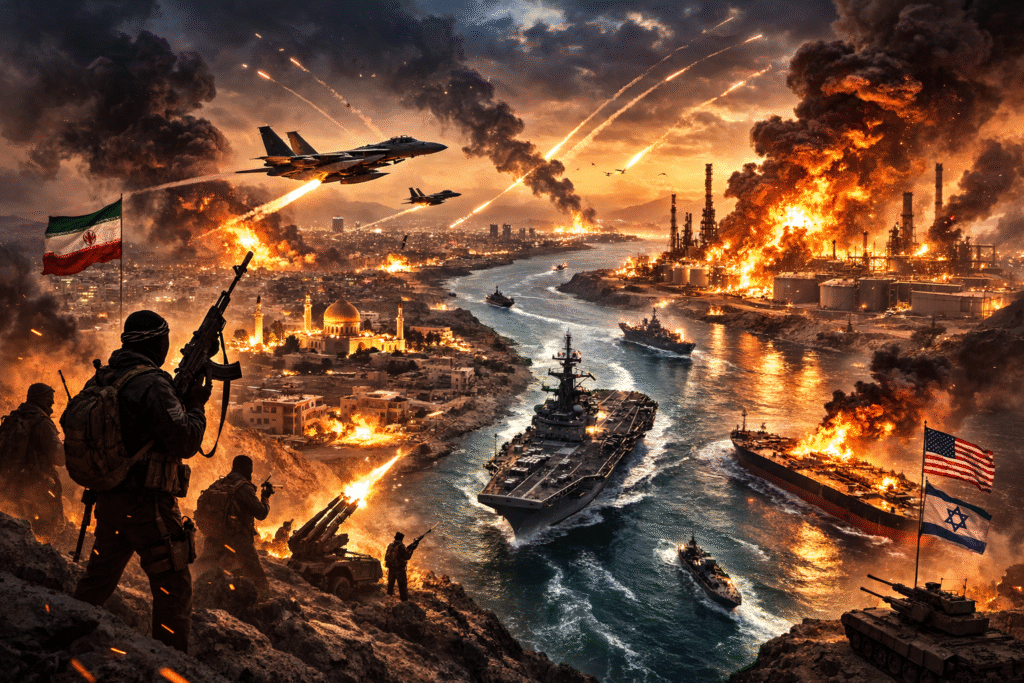 Airstrikes and missile trails over a burning coastal city with oil refineries in flames, naval warships moving through a narrow waterway, and armed fighters silhouetted on a hillside overlooking the conflict.