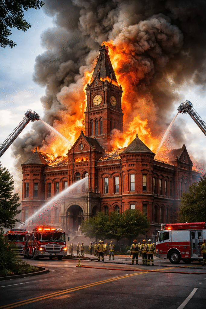 Historic red-brick courthouse engulfed in flames and thick smoke as firefighters use hoses and ladder trucks to battle the blaze while the central tower burns