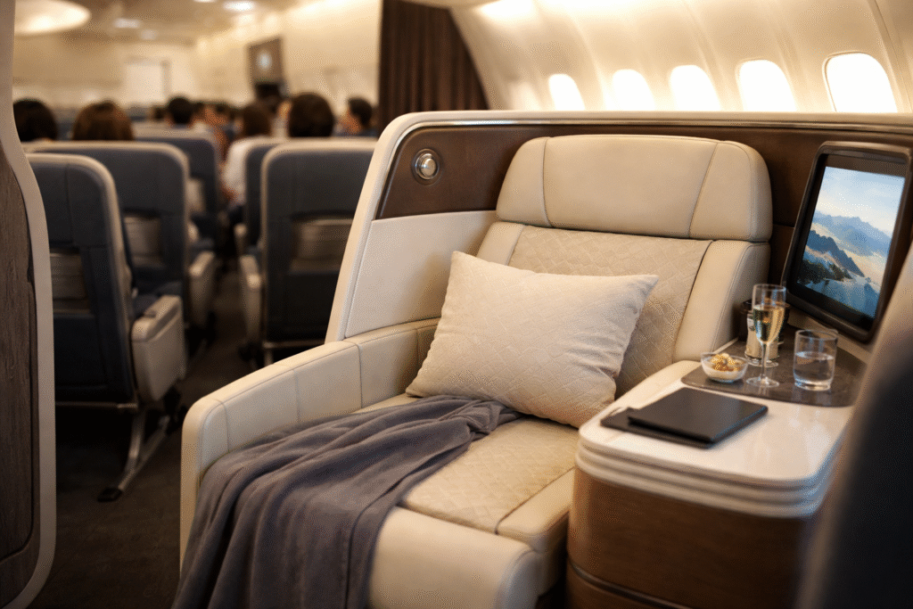 First-class airplane seat with cream leather upholstery, wide reclining design, personal entertainment screen, side console with drinks, and economy cabin visible in the background.