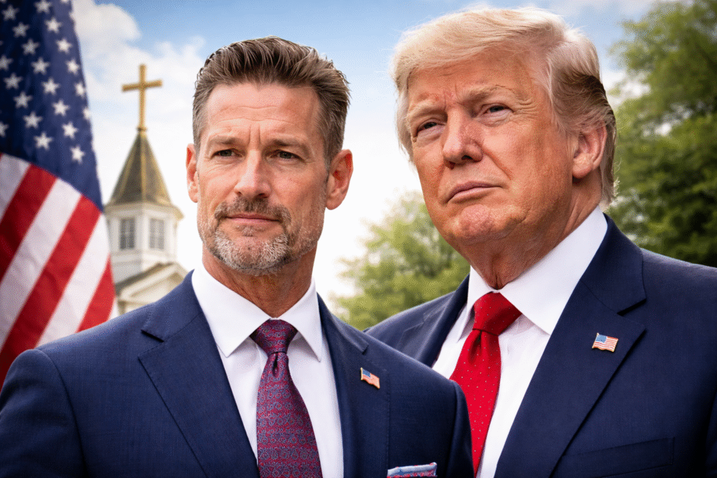 Rep. Greg Steube standing beside President Donald Trump with an American flag and church steeple visible in the background.